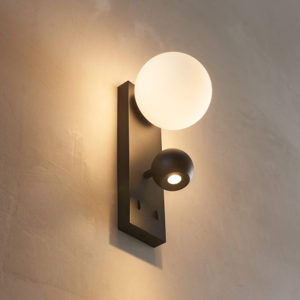 Aplique LED negro doble luz lectura y vidrio blanco - Avelysa