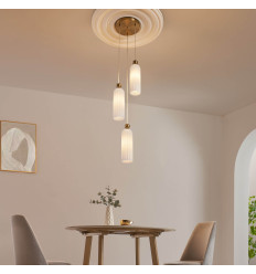 Lámpara colgante triple dorada con vidrio opalino y...
